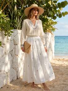 Lässiger eleganter böhmischer bestickter weißer Rock Boho-Stil Blumenstickerei Rock für den täglichen Gebrauch & Reisen Frühling/Sommer Urlaub - Weiss - Übersicht 2