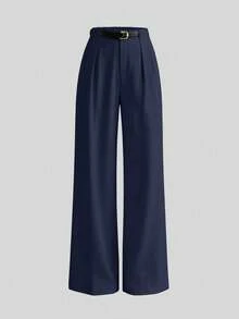 Elegant Solid-Color Mid-Rise Straight-Leg Trousers With Belt For Spring - Blue - View 1