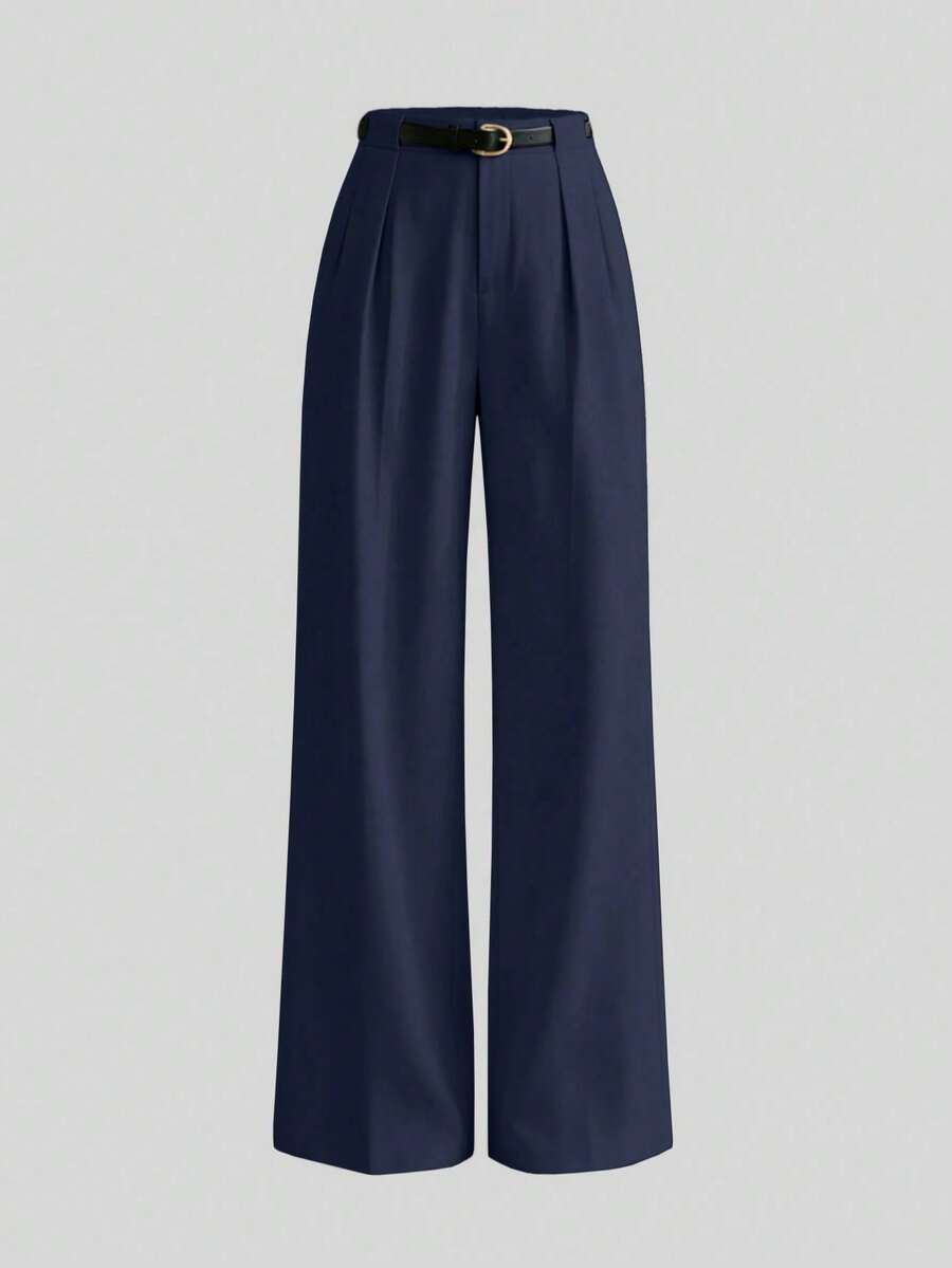 Elegant Solid-Color Mid-Rise Straight-Leg Trousers With Belt For Spring - Blue - View 1