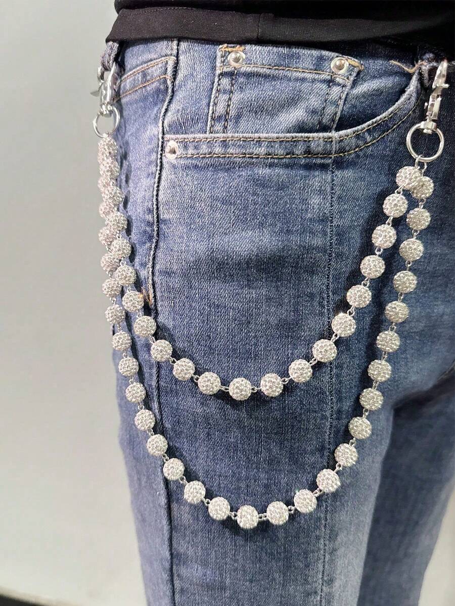 1pc Fashion Streetwear Hip-Hop Pants Chain, Handmade Ceramic Crystal Ball Waist Chain, Neutral Body Jewelry Accessory For Daily Wear - Multicolor - View 1
