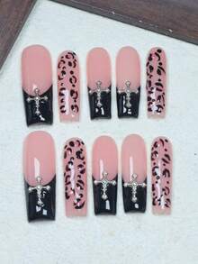 CrystalHola 10 Pcs Of Handmade Coffin-Shaped Nails, Y2K Style, Perfect For Summer Vacations, Graduation Season, The World Cup, And Independence Day. Black And Pink With Rhinestones, French Tip Nails, Suitable For Parties, Weddings, And Everyday Wear. Handmade Press On Nails - Multicolor - View 13