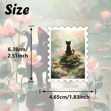 36 Stück Schwarze Katze & Seerose Aufkleber Packung | Impressionistischer Ölmalerei Stil Blumen Teich & Gartenszene mit schwarzer Katze Kunstgrafiken | Vinyl für Journaling, Scrapbooking & Dekoration Schulbedarf - Rechteck - Übersicht 4