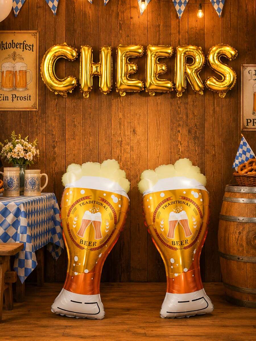 8pcs Beer Theme Aluminum Foil Balloon Set, Includes Beer Balloons And "CHEERS" Balloon Banner, Suitable For Beer Festival Party Decoration, Birthday Party, Holiday Party, Beer Theme Party, Bar Decoration, Munich Oktoberfest Party Supplies - Multicolor - View 1