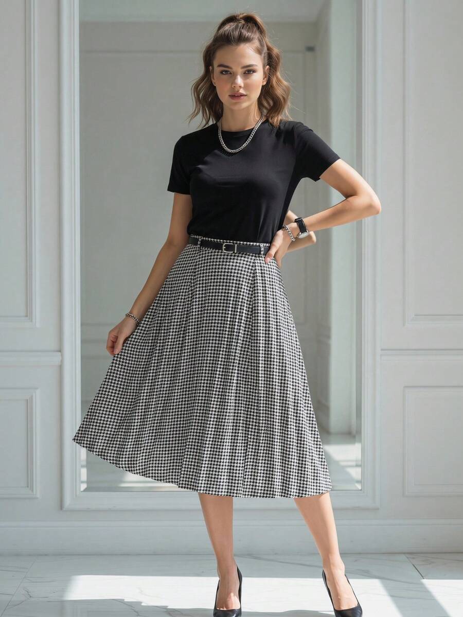 Elegant Houndstooth Patterned Mid-Length Pleated Skirt with Belt for Women - 黑色 - 查看 1