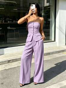 Strapless Bustier Set With Wide Leg Pants - Elegant Style For Women - Lilac Purple - View 3