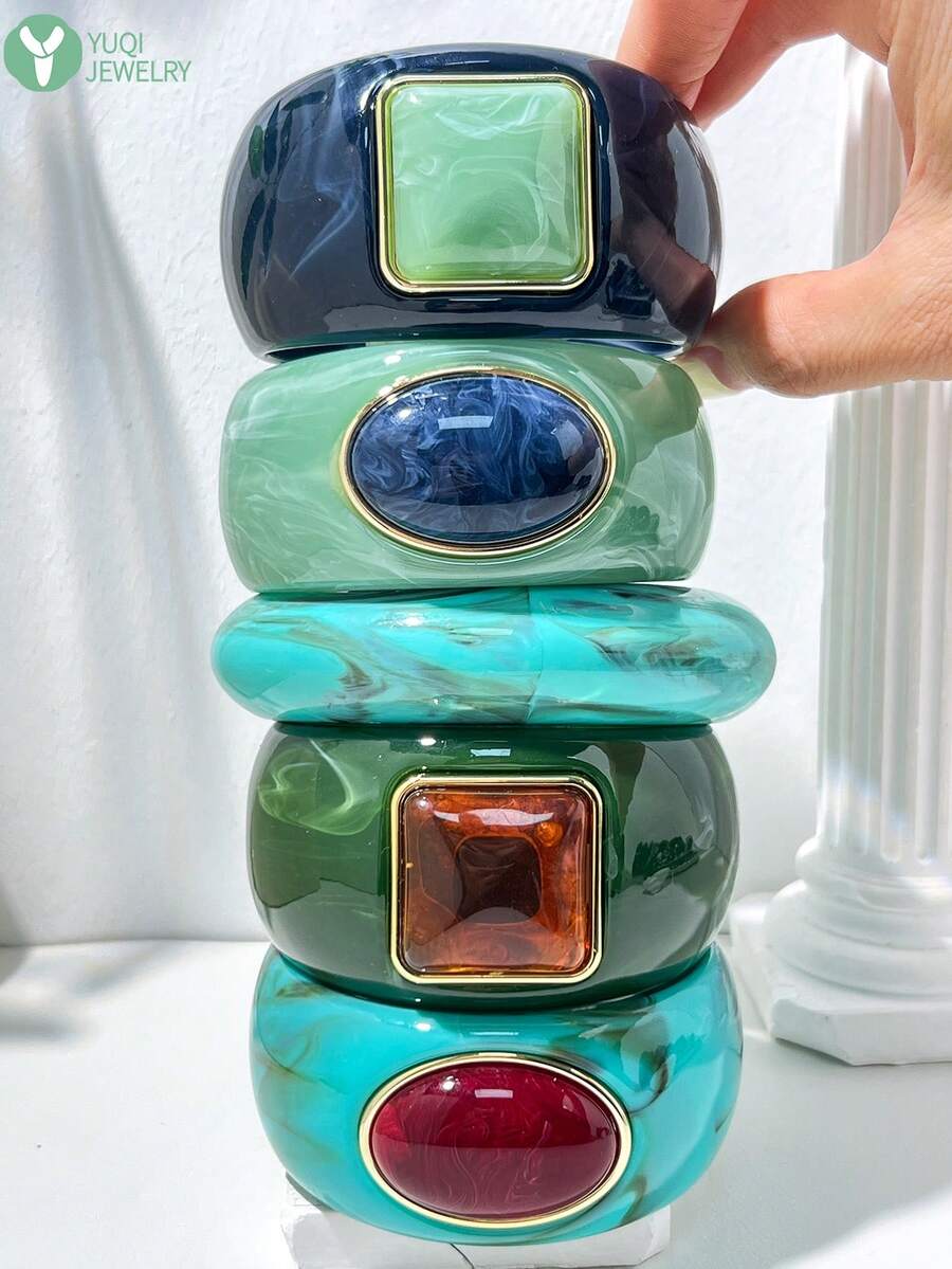 Contrast Marble Pattern Resin Wide Bangle, Marble Texture Design, Light Luxury Inlaid Colorful Stones, Thickened Exaggerated Niche Design Jewelry Bracelet - Multicolor - View 1