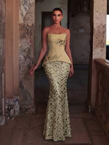 Faeriesty Trägerloses Pailletten-Meerjungfrau-Abendkleid mit Blumenstickerei, juwelenbesetzter Taille und schimmerndem Fischschwanz-Saum für Party und Hochzeit - Gold - Übersicht 4