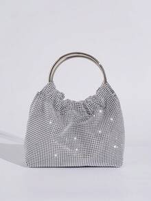 Borsa da sera con decorazione in strass scintillanti, borsa con manico ad anello doppio, borsa da festa, borsa per telefono, borsa per rossetto, borsa alla moda versatile - Argento - Visualizzare 2