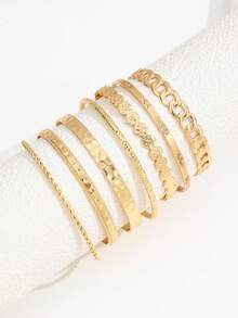 7PCS Ins Style Hammered Texture Arrow Pattern Exaggerated Personalized Twisted Open Cuff Bracelet Set, Fashion Versatile Layered Bracelets For Women - Gold - View 5