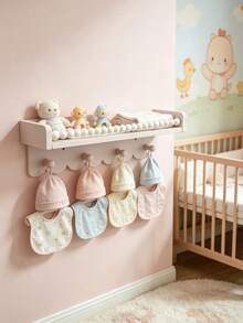 12//3pcs Wavy Edge Wooden Floating Shelves With Beaded Hanging Rod And 4 Hooks, Baby Room Wall Storage Rack, Suitable For Bibs, Hats And Decorations - Multicolor - View 10