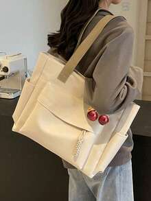 Bolso bandolera de gran capacidad de unicolor y elegante, bolso tote versátil para ir al trabajo, adecuado para estudiantes, clases, desplazamientos y salidas - Beis - Ver 3