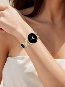 Galaxy Watch 8 錶帶 + 錶殼，1件鑲嵌人造鋯石金屬優雅錶帶 + 1件亮面風格（不含螢幕保護貼），適用 Galaxy Watch 8 40mm 與 44mm 錶殼，可調節替換錶帶配件，適合男女運動手錶 - 黑金白鑽+殼 - 查看 5