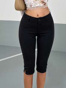 AITYI Studio Women's 7/8 Pants, Spring/Summer Casual With Slit Design, Zipper Waist, Fashion Minimalist Sexy American Ins, Chic, Comfortable Slim Fit, Suitable For Outdoor Sports, Commute, Elegant Versatile Y2K, Beach Party, Rural Vacation, Holiday Outfit, Graduation, Independence Day, Music Festival, Well Fit - Black - View 7