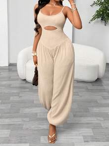 Aliling Women's Fashion Casual Solid Color Hollow Waist Camisole Harem Jumpsuit, Tie-Back Design, Elastic Textured Fabric, Suitable For All Daily Occasions - Apricot - View 9