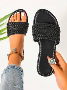 Sandalias tejidas de estilo europeo y americano vintage para mujer, chanclas minimalistas negras de punta abierta y holgadas, zapatos planos versátiles para el uso diario y vacaciones - Negro - Ver 1