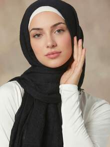1 pieza Pañuelo turbante básico clásico liso plisado de unicolor para mujer musulmana - Negro - Ver 1