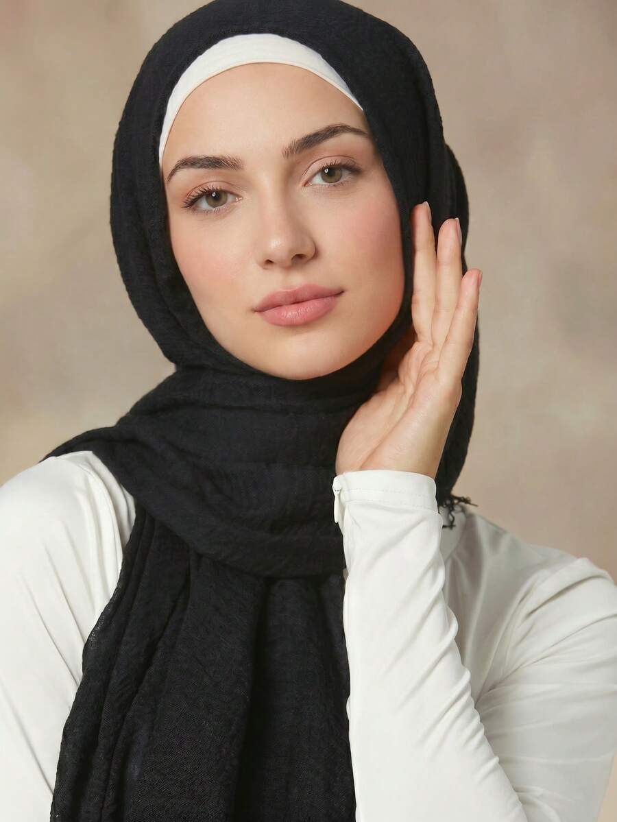1 pieza Pañuelo turbante básico clásico liso plisado de unicolor para mujer musulmana - Negro - Ver 1