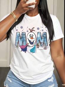Disney Frozen Olaf Anna Elsa And Sven Mom Print T Shirt Women Casual Winter Holiday Fashion Top - 白色 - 查看 1