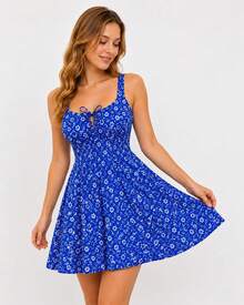 Women's Short Floral Dress With Wide Straps, Fitted Waist, Lightweight, Casual - 寶藍色 - 查看 6
