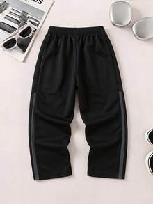 1pc Boys' Simple Double Stripe Straight Leg Casual Long Pants, Loose Fit Design, Versatile All-Match Style For Daily, School, Home And Outings - Black - View 2