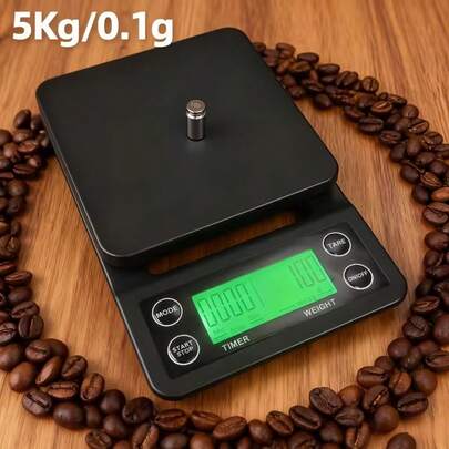 黑色數位咖啡秤 5kg/0.1g 精準度 附計時器 沖泡咖啡濃縮咖啡廚房秤 防滑矽膠墊 LCD 顯示 自動歸零 烘焙食品稱重秤