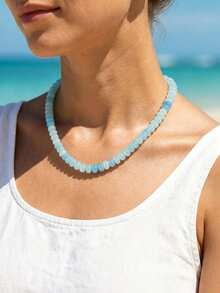 1pc European & American Bohemian Faux Stone Abacus Bead Beaded Necklace With Stainless Steel 18K Gold Plated Accessories, For Summer Beach Holiday - Handmade Beaded Faux Stone Stainless Steel Necklace - View 6