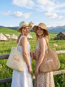 個性化草編沙灘包，客製化姓名刺繡包，字母圖案夏季旅行，伴娘禮物，單身派對伴手禮 - 彩色 - 查看 3