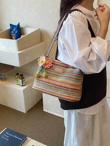 Nuevo bolso de hombro de paja con rayas de contraste coloridas estilo vacaciones de verano para mujer, con lindo dije de margarita, bolso de playa casual, bolso de axila tejido con rayas col - Multicolor - Ver 5