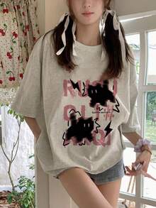 日系女式宽松休闲圆领字母卡通猫印花短袖T恤，春夏百搭 - 淺花灰 - 查看 1