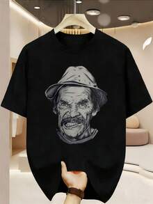 Men's Cotton Short-Sleeved T-Shirt With Black And White Portrait Print Of An Older Man, Ideal For Everyday Meetings. - 黑色 - 查看 1