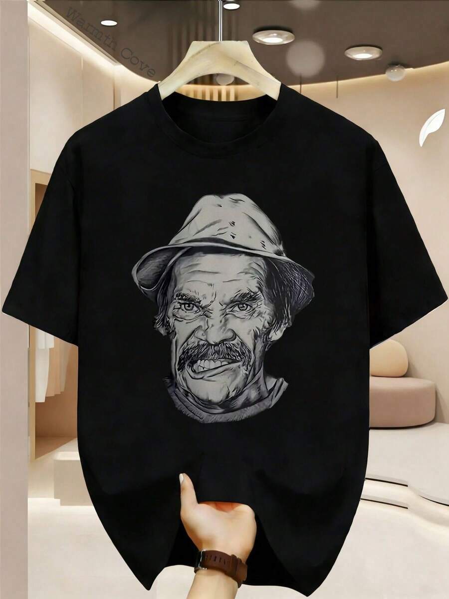 Men's Cotton Short-Sleeved T-Shirt With Black And White Portrait Print Of An Older Man, Ideal For Everyday Meetings. - 黑色 - 查看 1