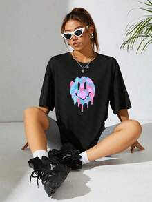 Camiseta De Hombros Caídos Con Estampado De Dibujos Animados - Negro - Ver 8