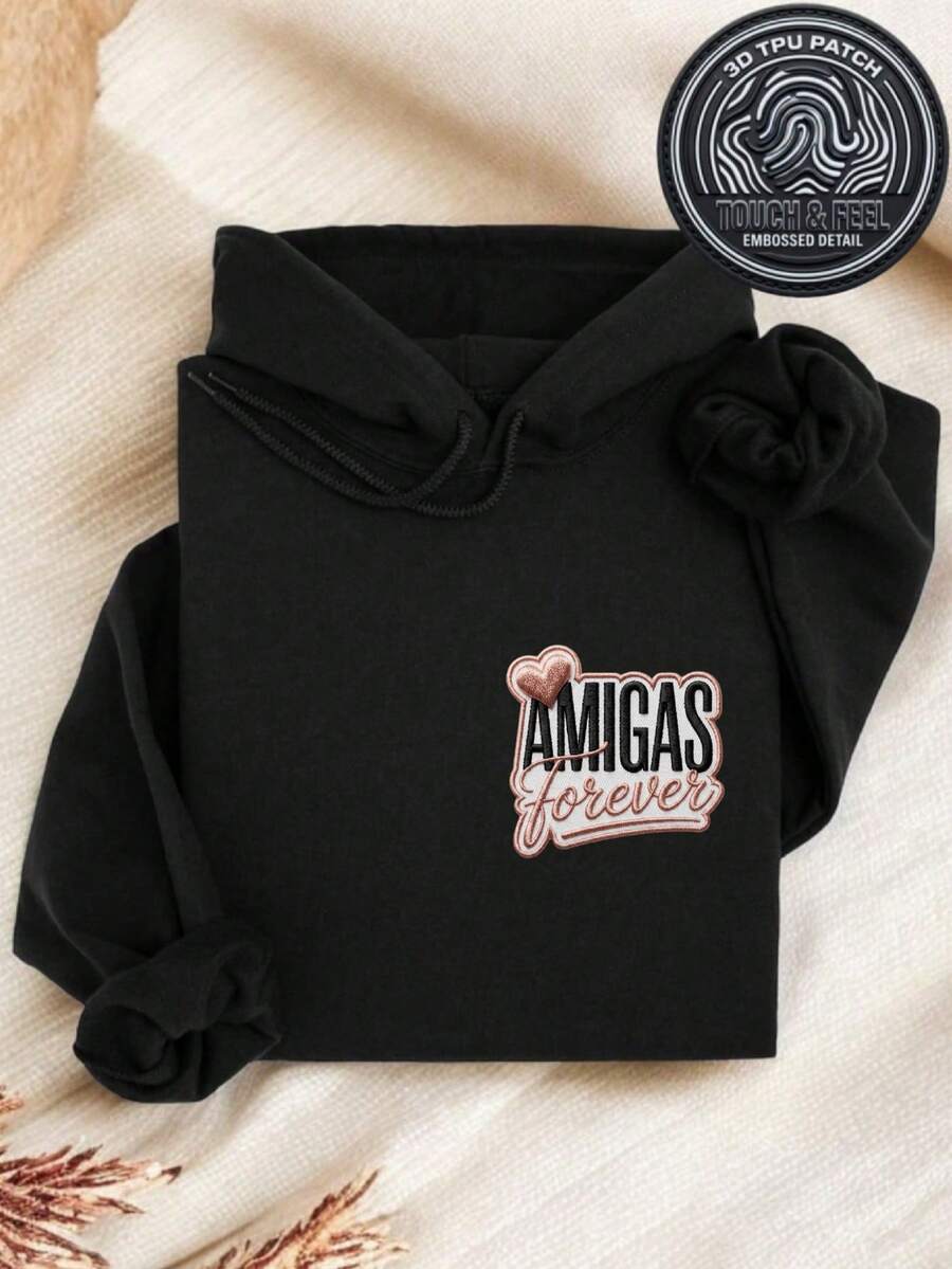 Amigas Forever 3D Patch Hoodie, Spanish Besties Hooded, BestFriend Matching Outfit, Sisterhood Long Sleeve Hoodie, Friendship Anniversary Gift. TT4820 - 黑色3D貼片 - 查看 1