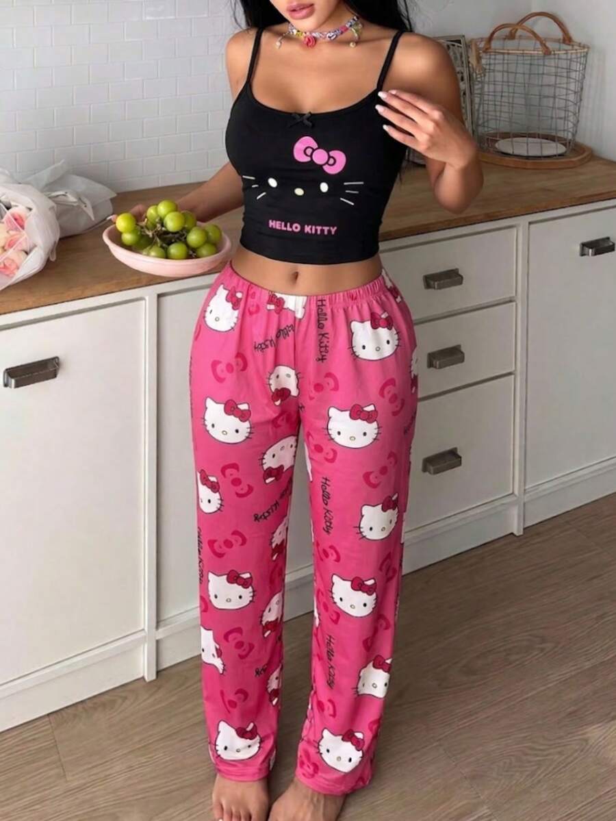 SANRIO 1件三麗鷗 Hello Kitty 卡通印花女款睡褲,卡通角色設計,時尚派對禮物,送給朋友的最佳禮物,Hello Kitty 睡褲,女款夏季睡衣套裝,女款睡褲 - 粉色 - 查看 1