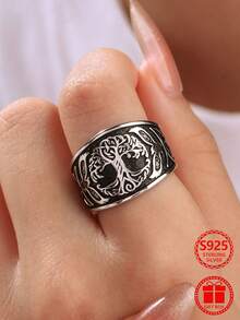 1pc Vintage Distressed Carved Tree Of Life Ring With Flying Birds On Both Sides, 925 Sterling Silver, Size 7-11, Daily Wear Valentine's Day Gift, Comes With Gift Box - Silver - View 7