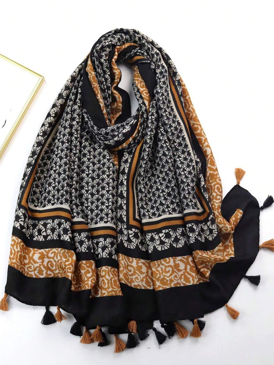 1 pièce Foulard de protection solaire pour femme, imprimé léopard bohème, patchwork géométrique, écharpe et foulard - S40019-Fleur crête de coq noire - Voir 1
