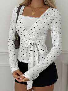 Sunny Girly Fall Y2K White Polka Dot V Neck Tie Waist Long Sleeve Tee, Slim Daily Top Perfect For Back To School Casual - White - View 8