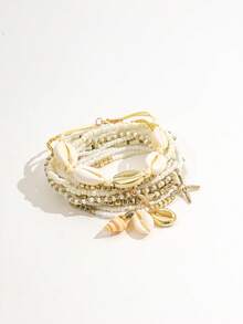 15PCS Bohemian Style Multi-Layer Shell & Starfish Anklet Set, Handmade Beaded Mixed Color Seed Bead Elastic Ankle Chains, Beach Vacation Layered Anklet Set For Women - Gold - View 3