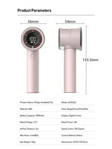 PHILIPS USB Rechargeable Handheld Fan Small Portable Desktop Fan Adjustable 1 To 100 Wind Power Display Power Summer Camping Travel Outdoor Indoor Tools, 3000mAh Battery, 158g, Lightweight And Convenient - Multicolor - View 11