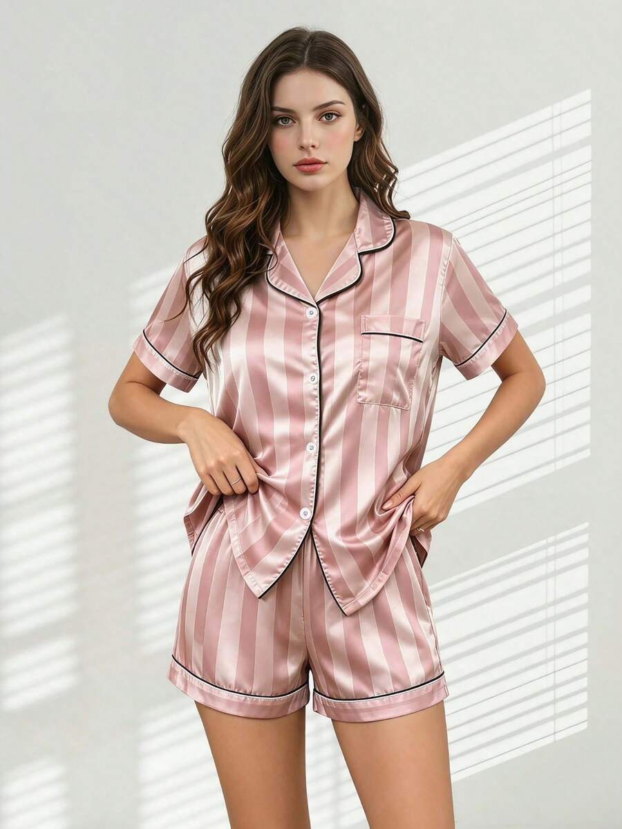 Veyra Day 2-Piece Pajama Set Short-Sleeved Shorts Striped Print Casual Women's Home Wear Set - Pink - View 1