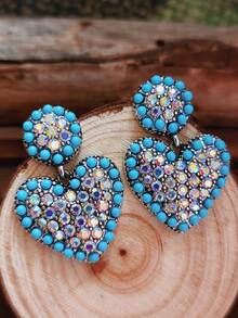 1 Pair American Western Style Rhinestone Heart & Star Earrings, Distressed Silver Vintage Stud Earrings, Niche Personalized Ear Jewelry - Earring - View 16