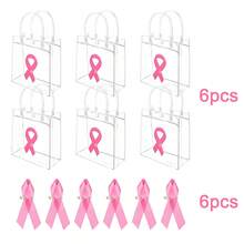 6pcs Breast Cancer Awareness Gift Bags With Pink Ribbon Pins&Bow Pink Ribbon Party Transparent PVC Gift Wrapping Bags With Handle For Breast Cancer Awareness Month Charity Party Favors - Clear - View 12