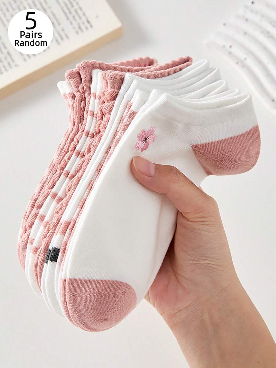 5 Pairs Women's Ankle Socks, Pink Striped Floral Mid-Calf Socks, Comfortable For Sports And Daily Wear, Versatile And Breathable - Multicolor - View 1