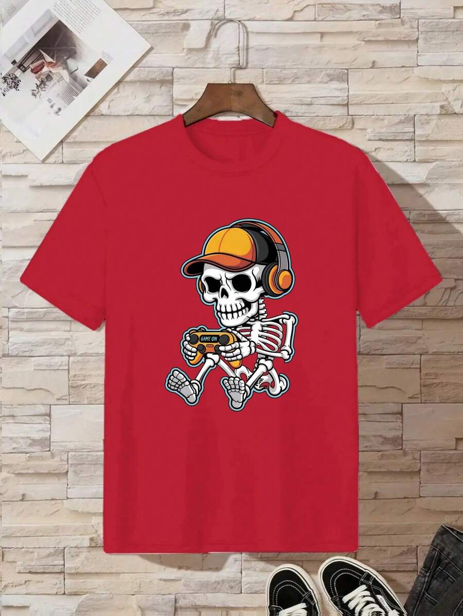 August 11, 2025, Summer T-Shirt For Boys With Skull Print, Casual Short Sleeve T-Shirt For Kids - 紅色 - 查看 1