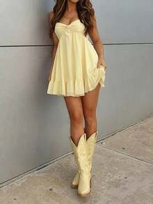 DORISS Summer Pink Polka Dot Ruffle Strap Dress, Beach Vacation Party Style, Festival Elegant Dress Yellow - Yellow - View 3