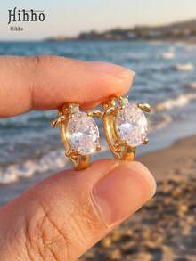 Hihho 1 Pair European And American Creative Ocean Animal Turtle Zirconia Earrings, Exquisite Small Personalized Elegant Girls Fashion Versatile Ear Jewelry Suitable For Daily, Vacation, Beach, Party, Outing, Gift For Friends - Turtle Earrings - View 5