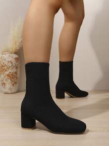 Women's Square Toe Chunky Heel Mid-Calf Boots, Autumn/Winter High Heel Boots, Elegant Personalized Versatile Style - Black - View 2