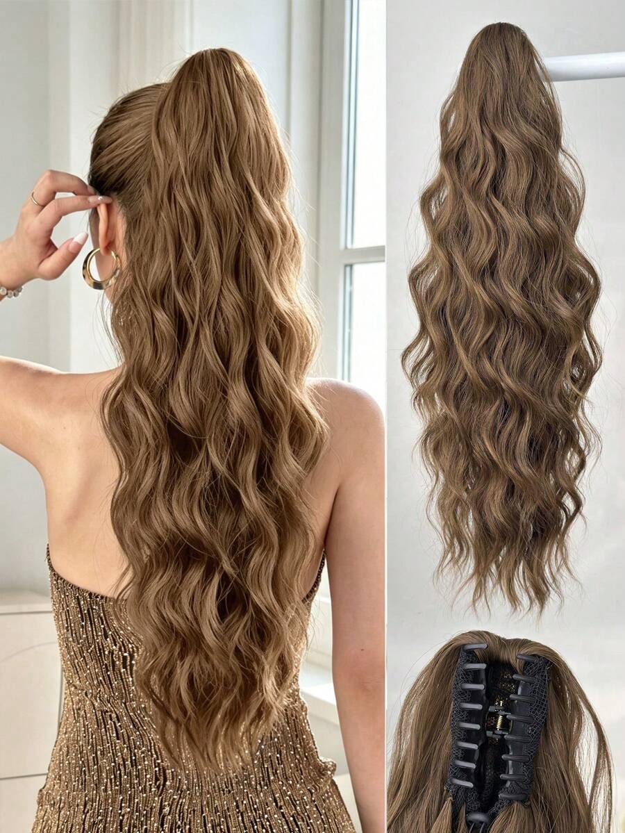 24 Inch Synthetic Wavy Ponytail Hair Extensions, Claw Clip On Ponytail, Brown Color For Women