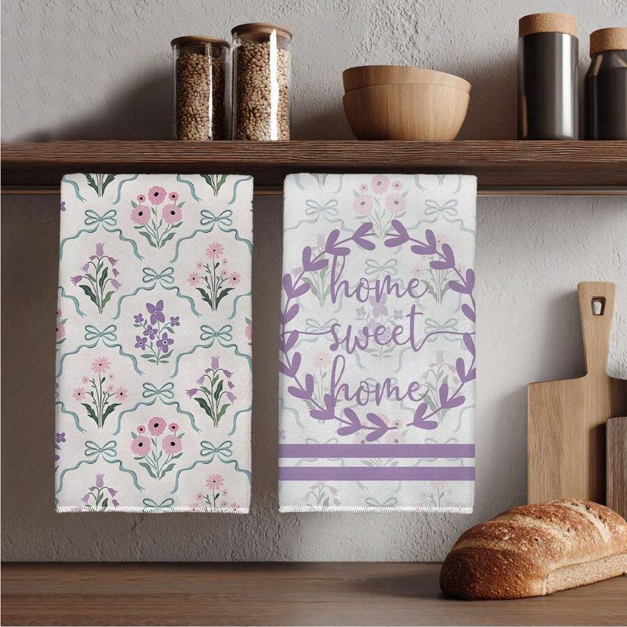 2 piezas SWEET HOME Toallas de cocina con patrón floral púrpura sin costuras, toallas de cocina de microfibra rectangulares, paños de platos, esponjas de limpieza, toallas de mano, toallas de cocina para hornear y té, decoración de cocina, regalo de inauguración de casa, regalo de cumpleaños, toallitas de limpieza de baño, toallas decorativas - Multicolor - Ver 1