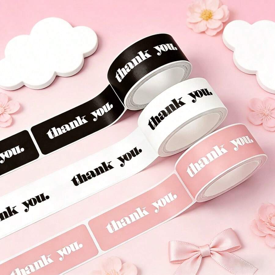 120pcs/Roll Stiker Terima Kasih Warna Pink, Hitam, Putih | Stiker Segel Persegi Panjang, Cocok Untuk Pembungkus Kado, Perlengkapan Kantor, Label Dekoratif, Kotak Kado Dan Kotak Kue, Kertas Mengkilap, Sekali Pakai, Perlengkapan Kantor - MultiWarna - View 1